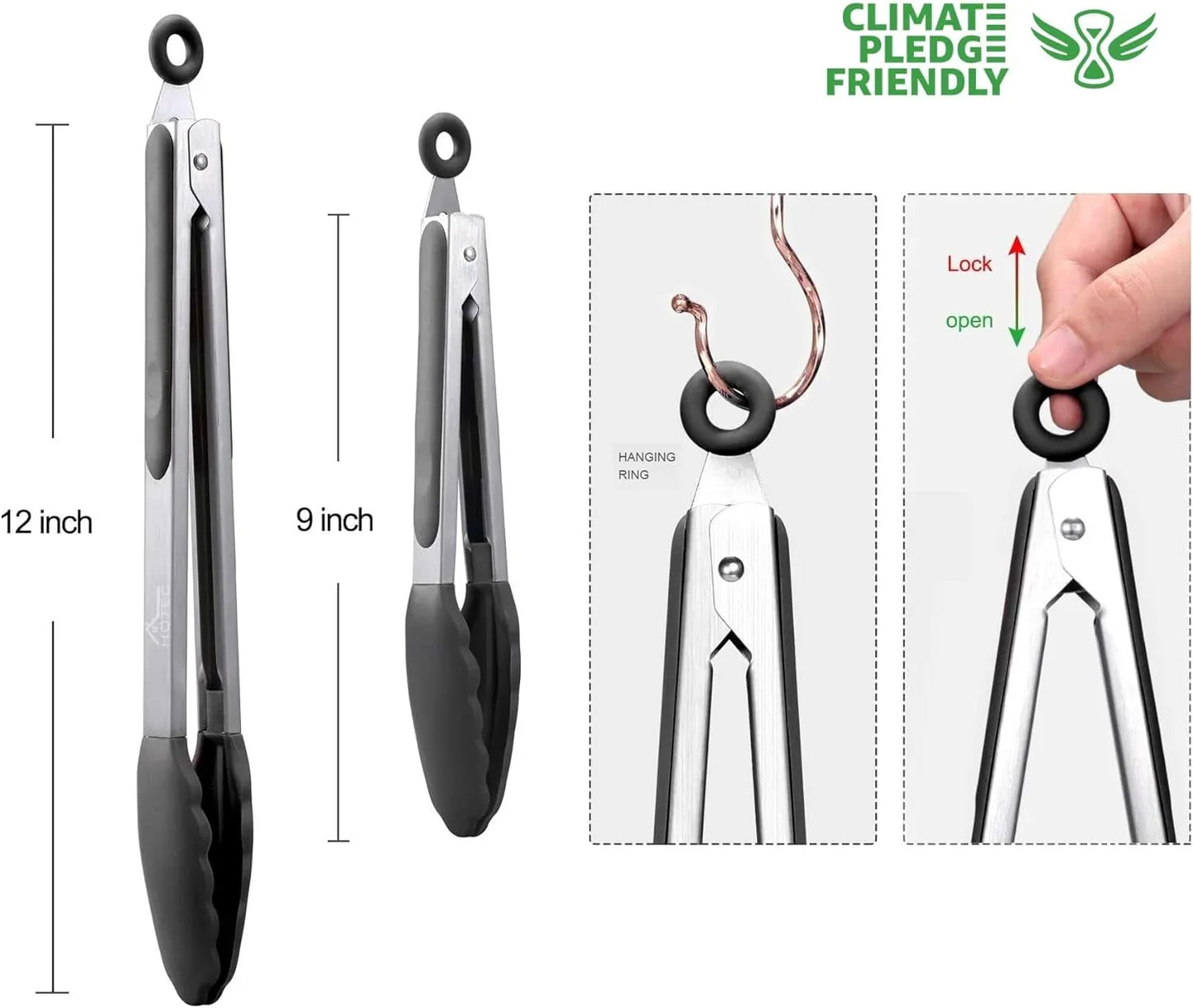 Premium Stainless Steel Locking Kitchen Tongs with Silicon Tips, Set of 2-9" and 12"