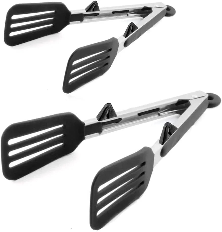 Kitchen Tongs 9 Inches and 12 Inches Fish Spatula Stainless Steel Locking with Silicone Tips Cooking Salad Buffet BBQ Serving Tongs Heat Resistant Meat Turner Spatula Tongs, Black