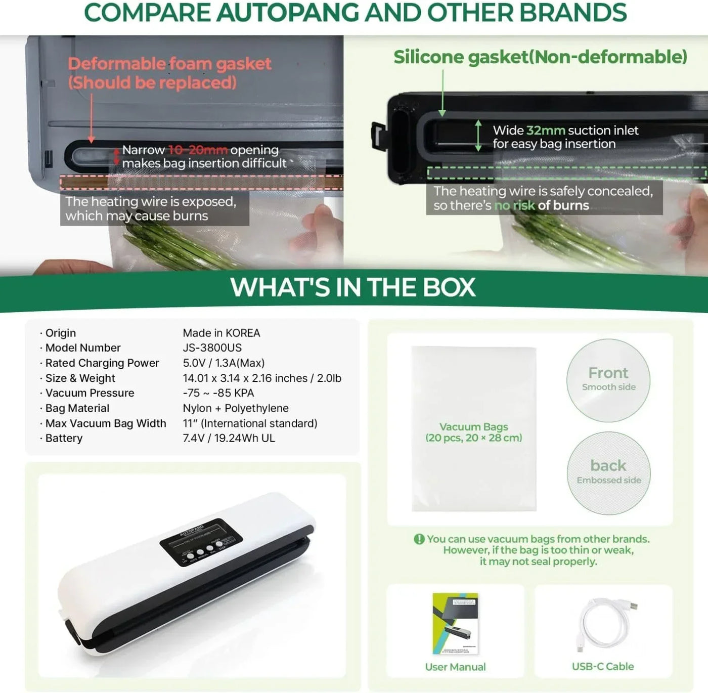 AUTOPANG vacuum sealer with silicone gasket, 32mm suction inlet, safe heating wire, 20 vacuum bags, USB-C cable, user manual