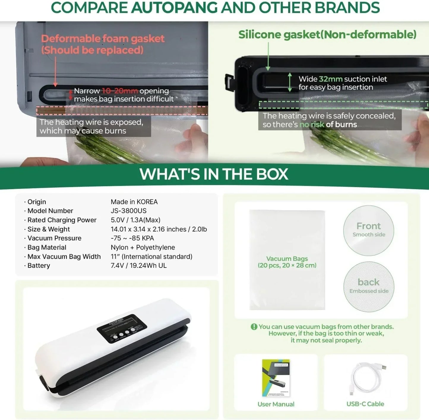 AUTOPANG vacuum sealer with silicone gasket, 32mm suction inlet, safe heating wire, 20 vacuum bags, USB-C cable, user manual