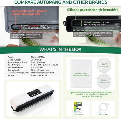 AUTOPANG vacuum sealer with silicone gasket, 32mm suction inlet, safe heating wire, 20 vacuum bags, USB-C cable, user manual