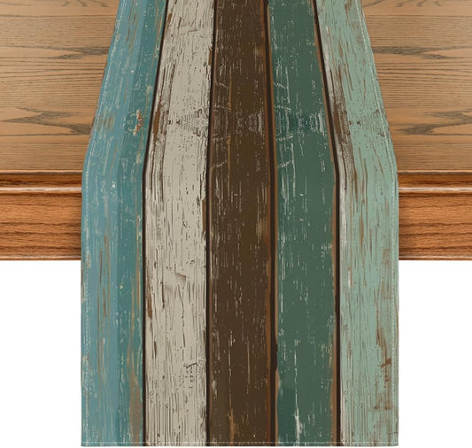 Green Retro Rustic Wood Texture Table Runner, Seasonal Spring Kitchen Dining Table Decoration for Home Party Decor 13X72 Inch