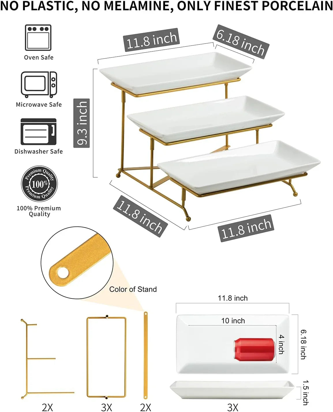 3 Tier Serving Tray, Porcelain Serving Platter Tier Serving Stand with Collapsible Sturdier Rack, Serving Trays and Platters Dessert Party Display Set for Mother'S Day, Gold, 12 Inch