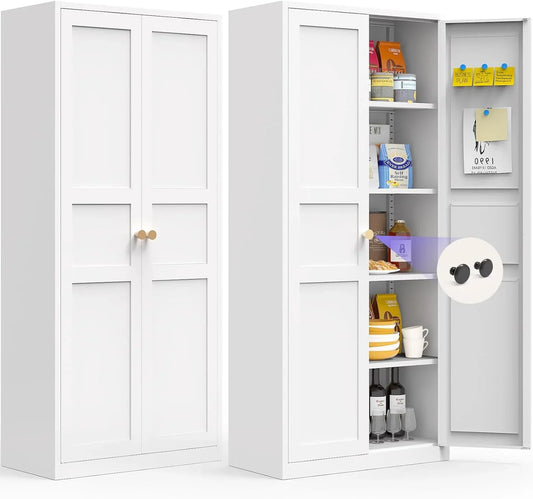 71" Kitchen Pantry Cabinet,White Metal Storage Cabinet with 4 Adjustable Shelves & Magnetic Doors,Pantry Cabinet with Gold/Black Handles for Kitchen,Office,Laundry Room,Assembly Required
