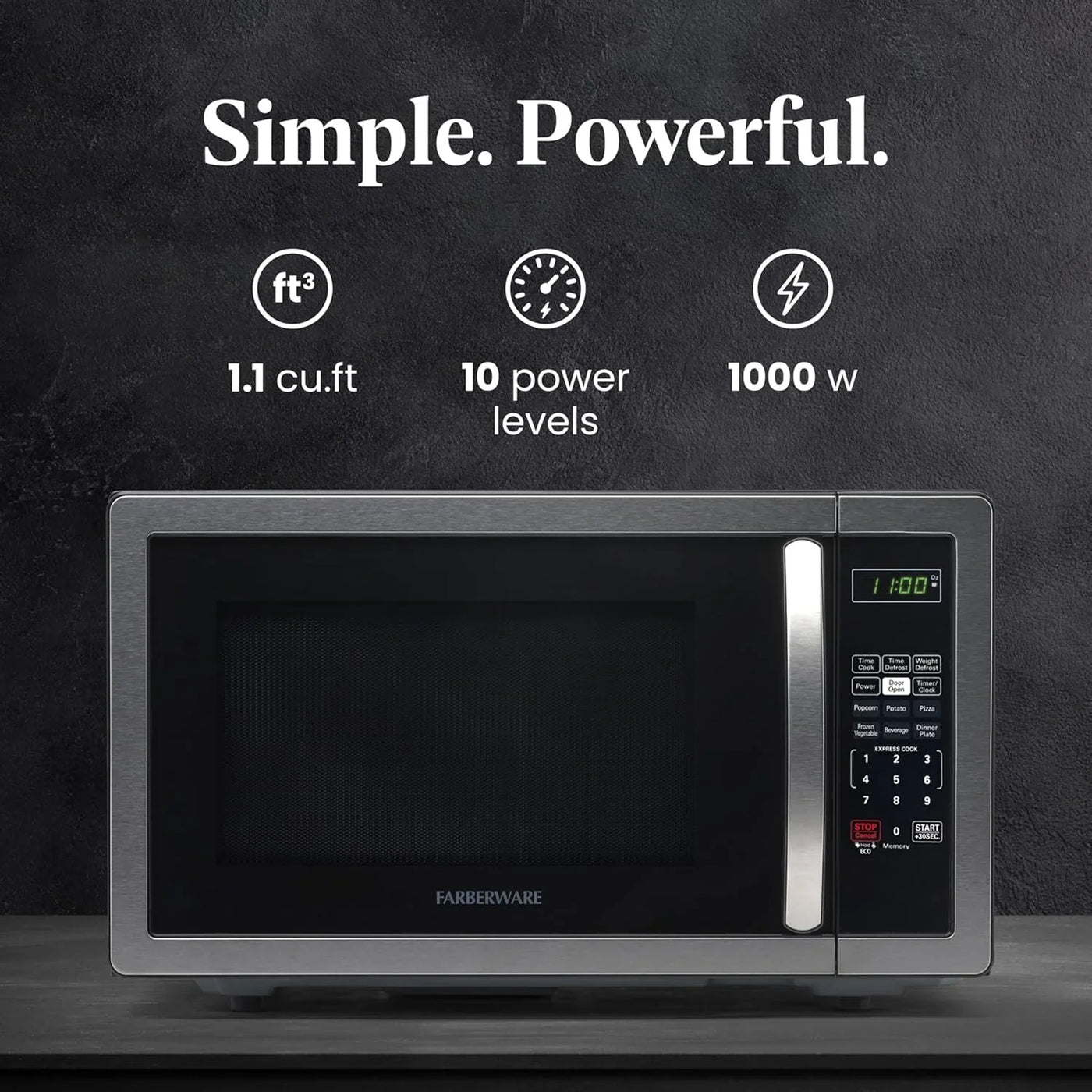 1.1 Cu. Ft. Countertop Microwave Oven – 1000 Watts Power, Auto Cook Settings, Defrost, Easy Clean and Child Safety Lock - Stainless