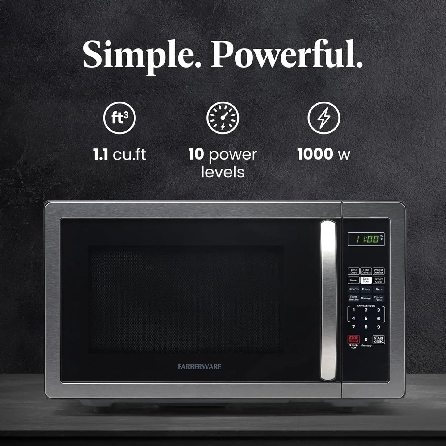 1.1 Cu. Ft. Countertop Microwave Oven – 1000 Watts Power, Auto Cook Settings, Defrost, Easy Clean and Child Safety Lock - Stainless