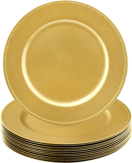 12 Pack Plastic Gold Charger Plates, 13" round Beaded Charger Plates for Wedding, Catering Event, Tabletop Decor