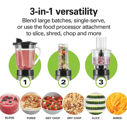 Blender and Food Processor Combo for Shakes & Smoothies, with 3 Cup Electric Food Chopper Attachment, 40 Oz Glass Jar, Blender Travel Cup, 700 Watts Peak Power, Gray & Black (58163)