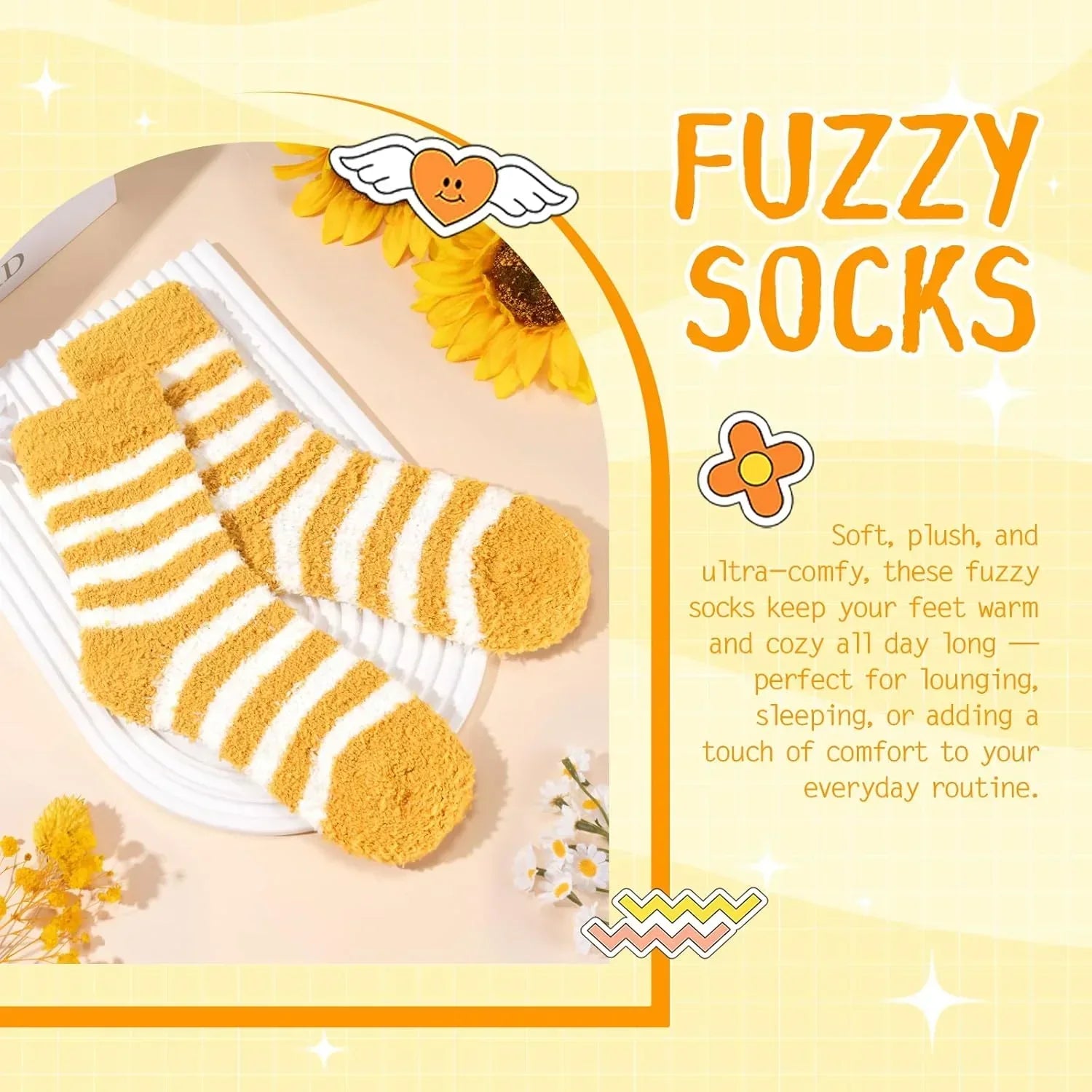 Cozy fuzzy socks with yellow and white stripes, perfect for lounging or sleeping