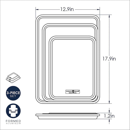 Naturals 3 Piece Set - USA Made Aluminum Commercial Quality Sheet Pan for Baking or Roasting, Encapsulated Galvanized Steel Rim Prevents Warping; Half Sheet, Jelly Roll and Quarter Sheet