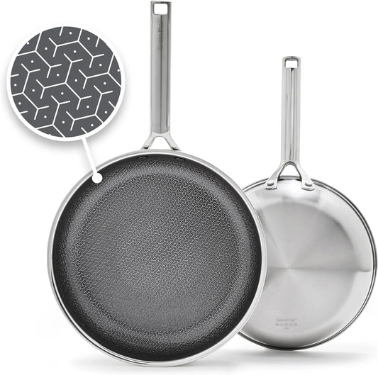 Hybrid 9.5” & 11” Nonstick Stainless Steel Frying Pan Set, APEX Tri-Ply Thermobond Pfas-Free Ceramic Skillets, Induction & All Cooktop Compatible, Oven Temp to 850°F, Dishwasher Safe, Silver