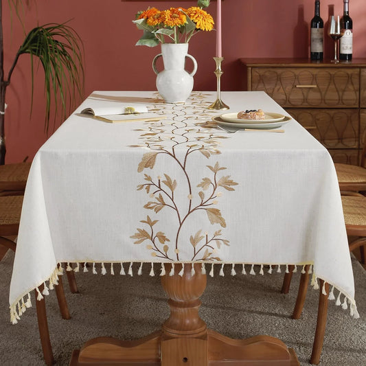 Cotton Linen Waterproof Tablecloth for Dining Table Farmhouse Kitchen Rectangle Table Cloth Coffee Wrinkle Free Tables Cover, Beige, Coffee Flower, 55X55 Inch