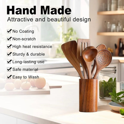 6 PCS Wooden Cooking Utensils Set, Wooden Spoons for Cooking, with Utensils Holder, Comfort Grip, Ideal for Nonstick Cookware