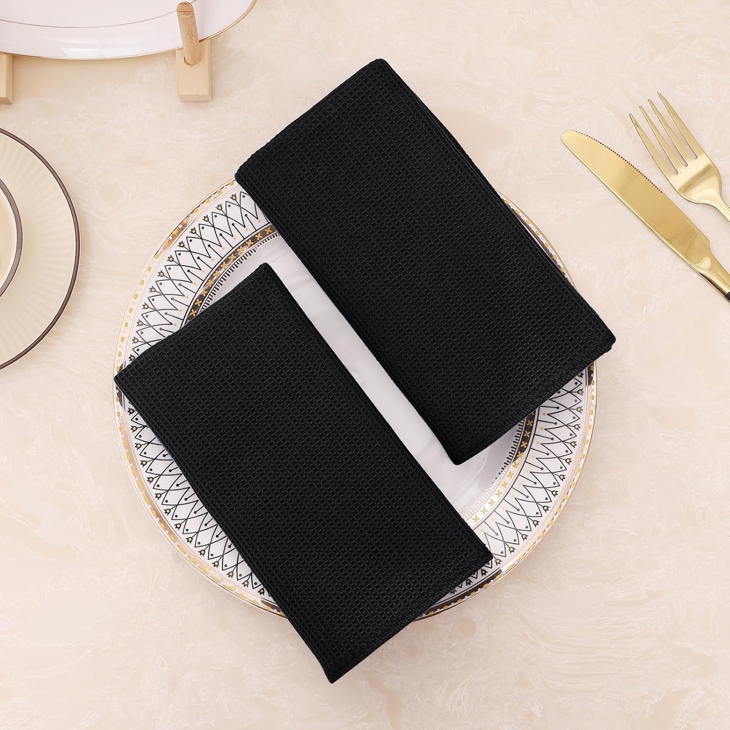 100% Cotton Waffle Weave Kitchen Towels - 4 Pack Soft and Absorbent Dish Towels - 16 X 26 Inches Quick Dry Hand Towels - Black