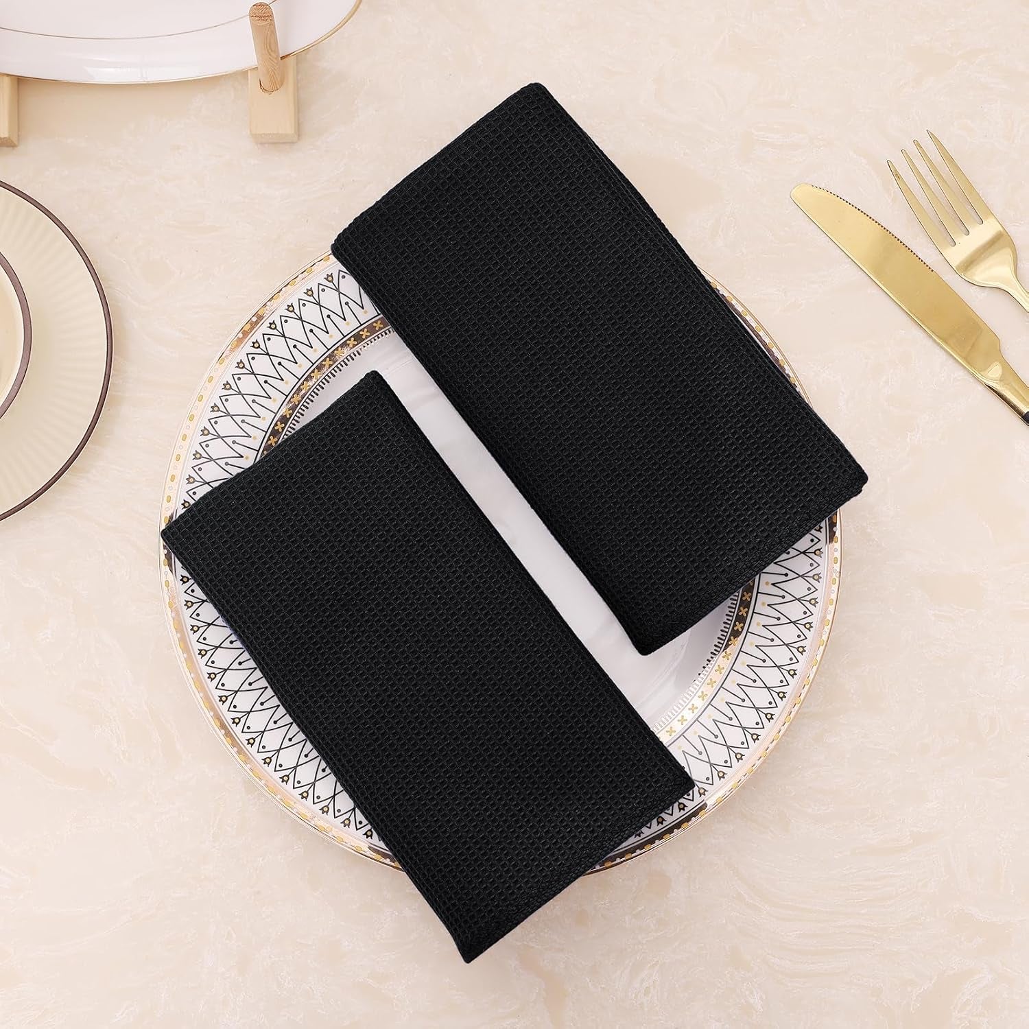 100% Cotton Waffle Weave Kitchen Towels - 4 Pack Soft and Absorbent Dish Towels - 16 X 26 Inches Quick Dry Hand Towels - Black