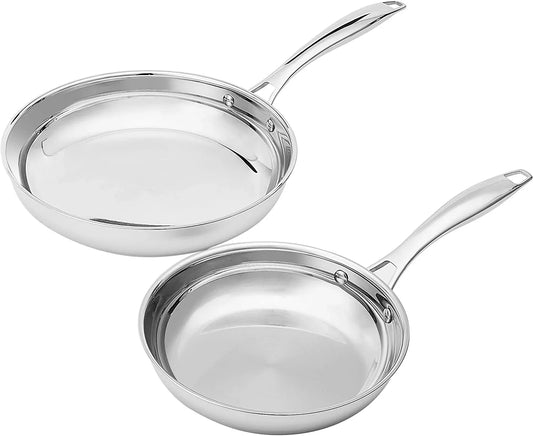 2-Piece Stainless Steel Induction Frying Pan Set, Oven Safe, Riveted Handle, Heat Distributes Evenly, 8-Inch & 10-Inch, Silver