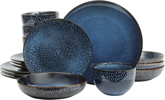 Matisse 16-Piece Dinnerware Set – Double Bowl Reactive Glaze Cereamic Stoneware in Blue – Plates and Bowls Sets for 4, Microwave & Dishwasher Safe, Rustic Modern Design