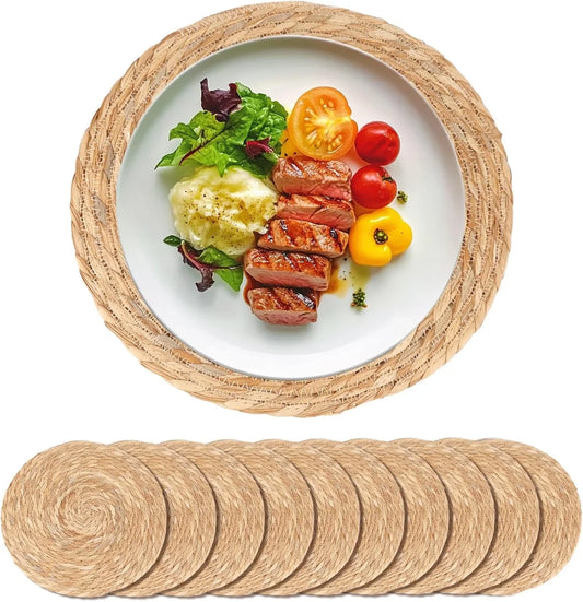 Round Woven Placemats Set of 10-13 Inch Natural Water Hyacinth Place Mats for Dining Table, Boho Farmhouse Kitchen Table Decor, Rustic Braided Table Mats for Daily Use & Holiday Table Setting