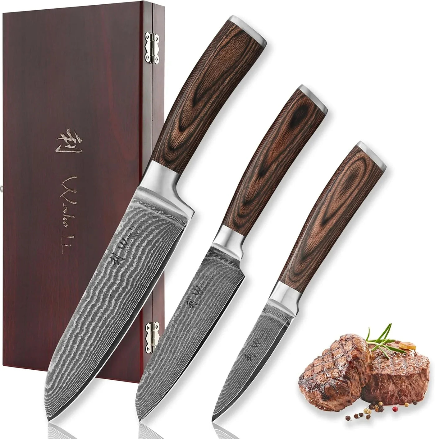 EDIB 3-Piece Damascus Kitchen Knife Set in Wooden Gift Box, Razor Sharp Genuine Damascus Steel (VG10 Core), Includes Santoku, Small Santoku and Paring Knife, Ergonomic Pakkawood Handle