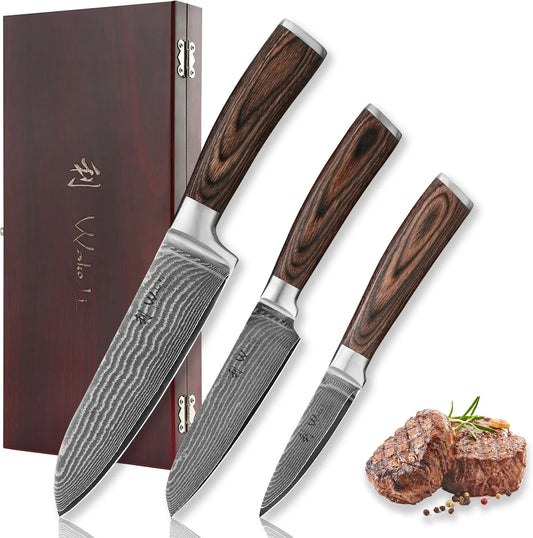EDIB 3-Piece Damascus Kitchen Knife Set in Wooden Gift Box, Razor Sharp Genuine Damascus Steel (VG10 Core), Includes Santoku, Small Santoku and Paring Knife, Ergonomic Pakkawood Handle