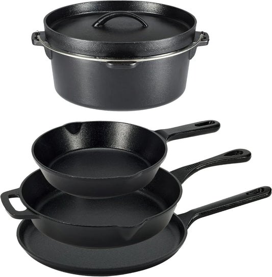 Pre-Seasoned Cast Iron 5-Piece Cookware Set, Oven Safe, Cooks Evenly, 14.17 X 12.2 X 10.63 In, Black