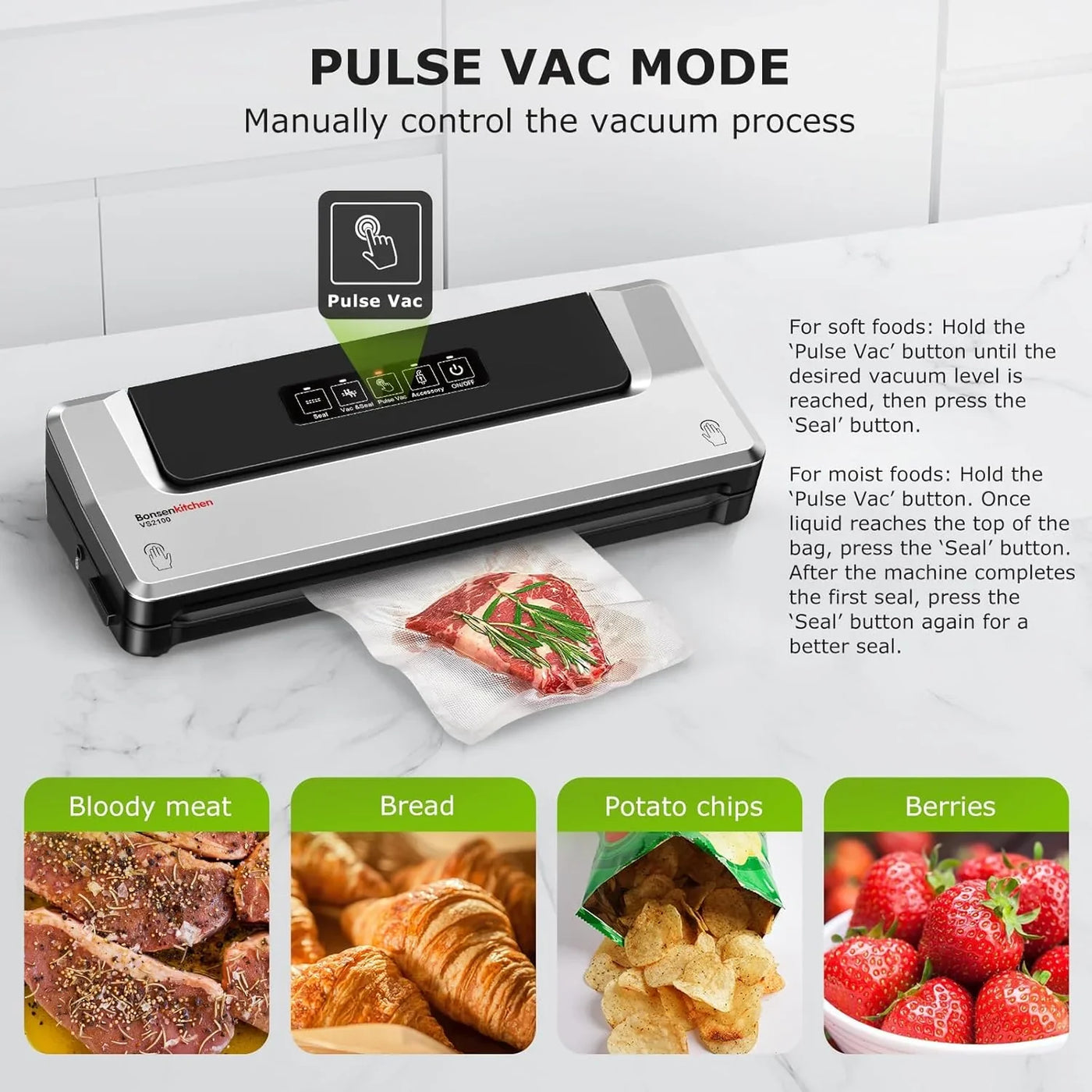 Vacuum Sealer Machine | Compact Food Sealer for Kitchen Storage & Meal Prep | Multiple Modes​​ | External Vacuum System | 5 Bags, Silver​​