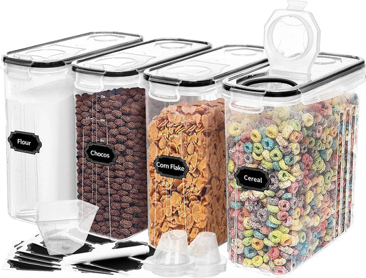 4PCS Cereal Containers Storage [4L/135.2 Oz], Airtight Food Storage Containers with Pour Spout for Kitchen & Pantry Organization Storage, Plastic Cereal Dispensers, Measuring Cup & 20 Labels