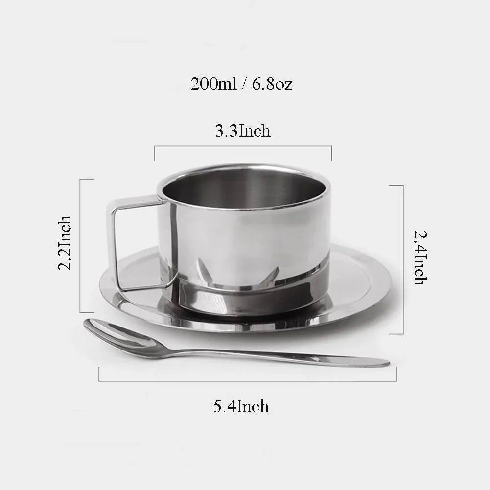 6.8Oz Stainless Steel Coffee Cup Set, Coffee Mugs with Spoon and Saucer for Latte, Espresso, Cappuccino, Milk and Tea