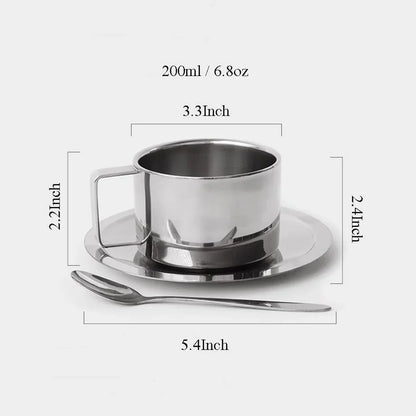 6.8Oz Stainless Steel Coffee Cup Set, Coffee Mugs with Spoon and Saucer for Latte, Espresso, Cappuccino, Milk and Tea