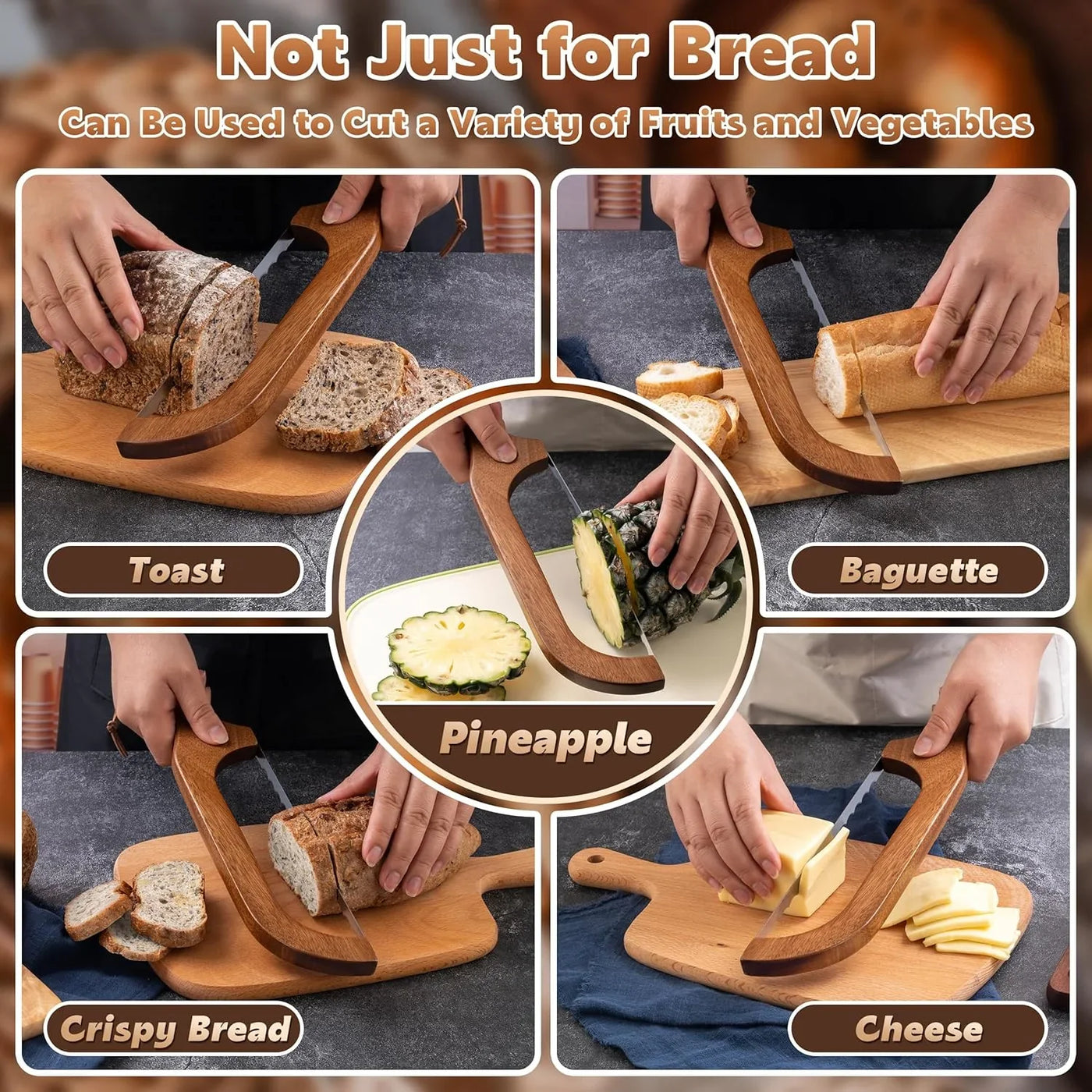 Bread Knife for Homemade Bread, 14.5" Wooden Sourdough Bread Knife, Sourdough Bread Slicer, Bow Design, Easy to Cut into Uniform Thin Slices, Bread Saw for Cutting Sourdough Bread, Bagel, Baguette Etc