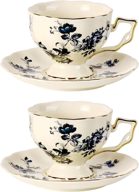 Tea Cups and Saucers Set of 2, Porcelain Coffee Cups, 6.8-Ounce Stackable Espresso Mugs, Ceramic Demitasse for Coffee, Latte, Americano, Tea, Blue Orchid