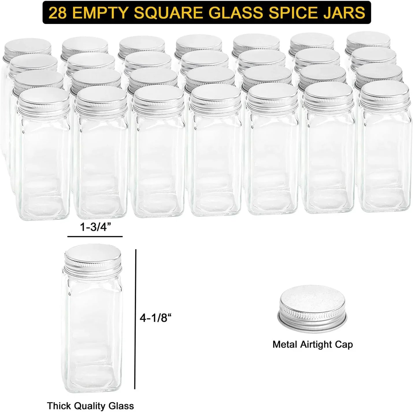 Spice Rack Organizer with 28 Spice Jars, 386 Spice Labels, Chalk Marker and Funnel Set for Cabinet, Countertop, Pantry, Cupboard or Door & Wall Mount - 28 Jars, 13.4" W × 10.8" H, Black