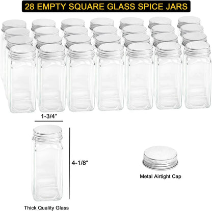 Spice Rack Organizer with 28 Spice Jars, 386 Spice Labels, Chalk Marker and Funnel Set for Cabinet, Countertop, Pantry, Cupboard or Door & Wall Mount - 28 Jars, 13.4" W × 10.8" H, Black