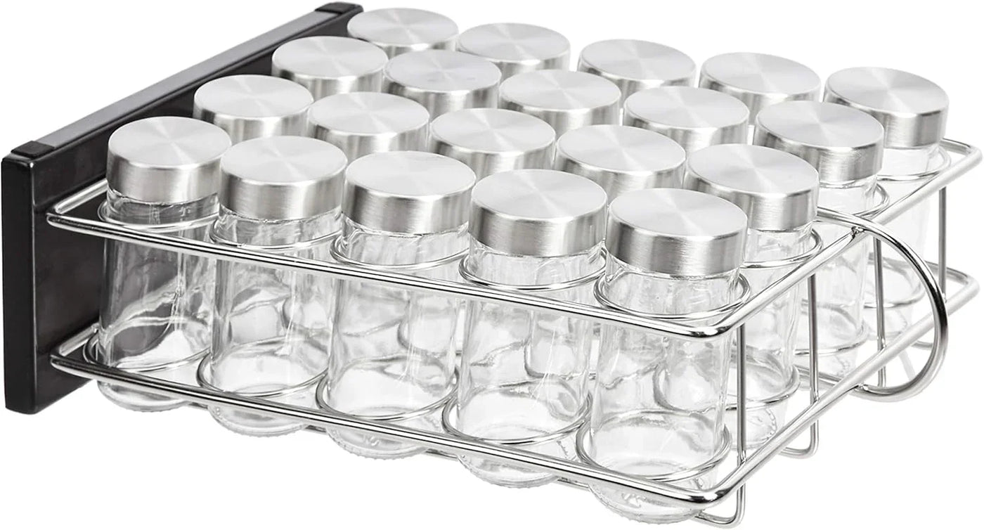 20 Jars Spice Rack Organizer, Space-Saving Kitchen Organizer with Glass Spice Jars, Sturdy, Silver