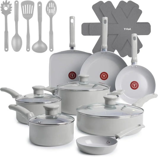 Refresh Ceramic Pots and Pans Set, 20-Piece Nonstick Cookware Set, Stockpot, Griddle, Frying Pans, Utensils, Moon Grey