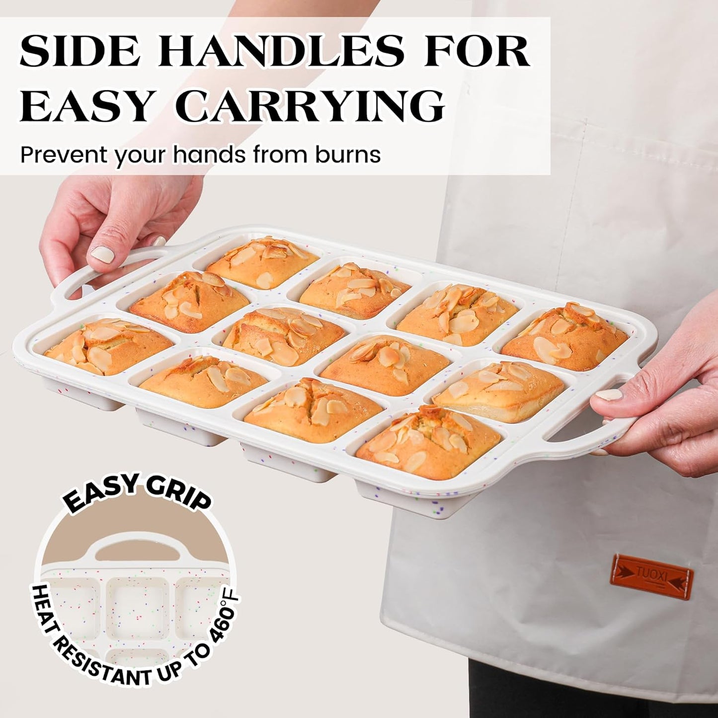 2 Pcs Brownie Pan with Dividers Silicone Nonstick Mini Individual 12 Cup Square Muffin Cupcake Pans with Metal Reinforced Frame(Cream)