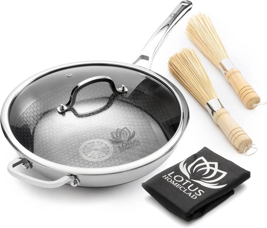 Hybrid Wok Pan, Nonstick, PFOA Free 12 Inch Induction Wok with Lid, Dishwasher Safe Cooking Pan for All Cooktops, Stainless Steel Cookware, Woks & Stir-Fry Pans, Bonus Bamboo Dish Brush