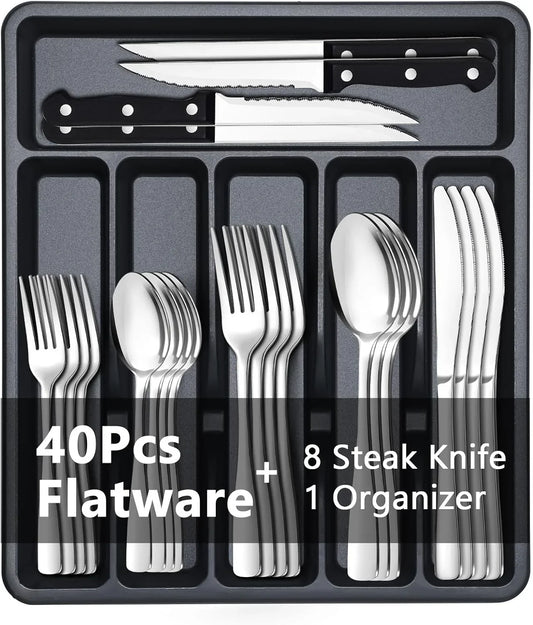 49-Piece Silverware Set with Organizer - Stainless Steel Silverware Set for 8 with Steak Knives and Drawer Organizer, Mirror Polished Flatware Set for Home and Restaurant, Dishwasher Safe