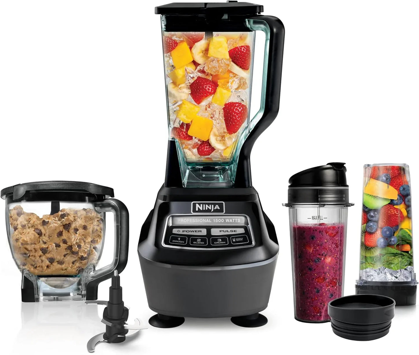 Kitchen System | All-In-One Food Processor & Blender for Smoothies | Includes Pitcher, (2) 16 Oz. To-Go Cups & 8-Cup Bowl | Makes Salsa, Dough, Shakes, & Frozen Drinks | 1500W | Black | BL770