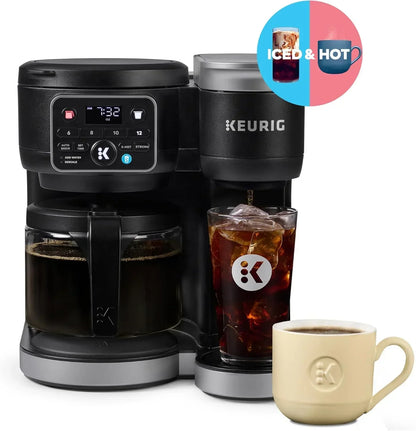 Keurig coffee maker brewing iced and hot coffee with digital display and glass carafe