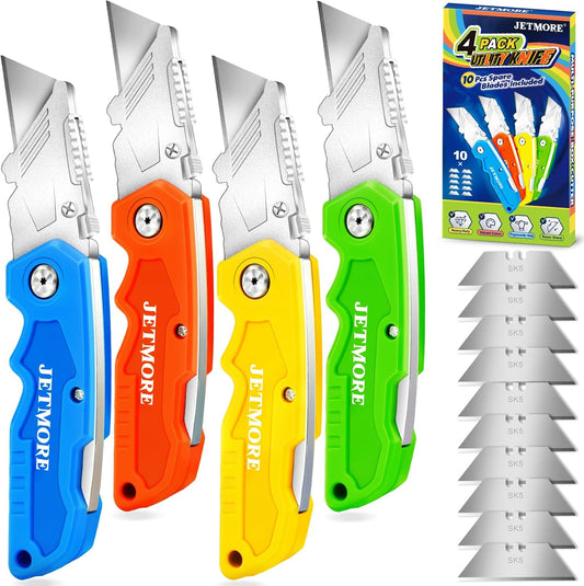 Utility Knife, 4 Pack Colorful Box Cutter with 10 SK5 Blades, Navajas Para Trabajo, Folding Utility Knife with Clip, Razor Knife for Cardboard, Carpet, Wallpaper, Box Opener