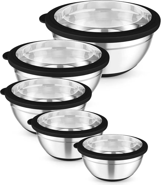 Mixing Bowls, 5PCS Stainless Steel Serving Salad Bowls with Lids, for Kitchen Mixing/Baking/Storing/Prepping, Visible & Airtight, Non-Slip Bottom - 4.6/3.5/1.5/1 / 0.7 QT, Black