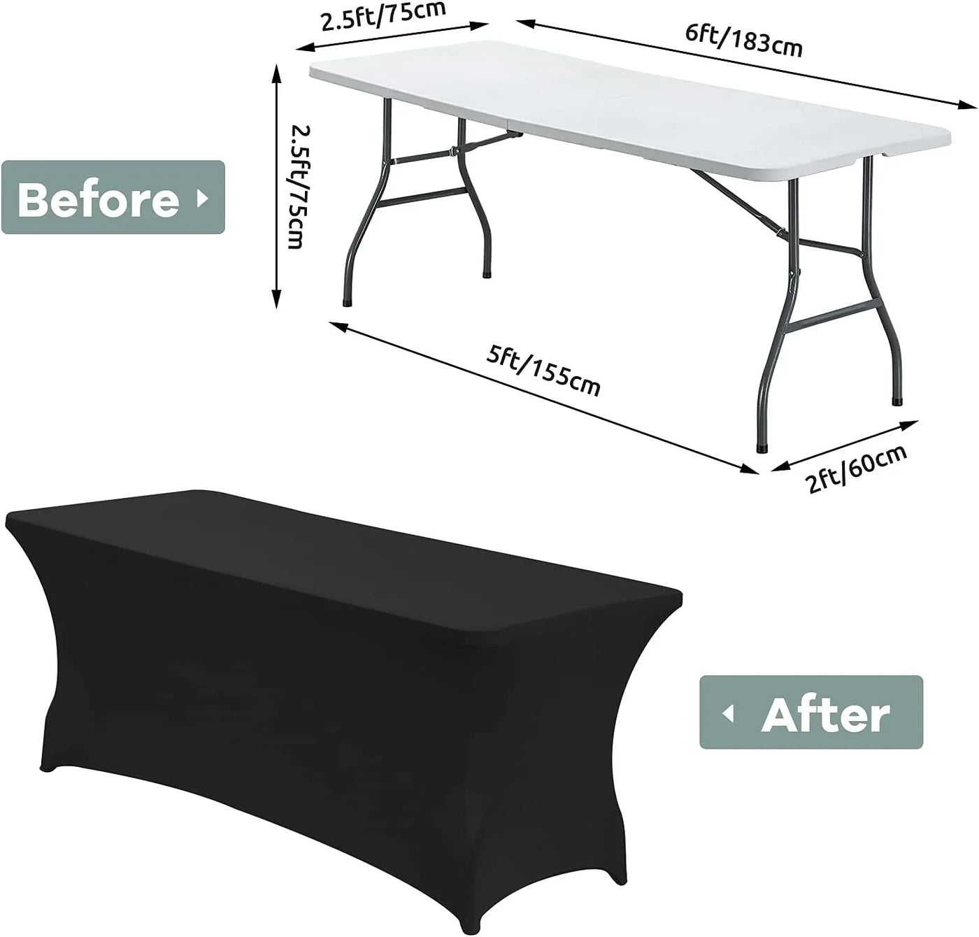 6FT Waterproof Stretch Spandex Table Cover for Rectangular Tables - Elastic Fitted Tablecloth for Folding Tables,Wrinkle Resistant Table Cloth for Parties, Weddings, Banquets & Events (Black)
