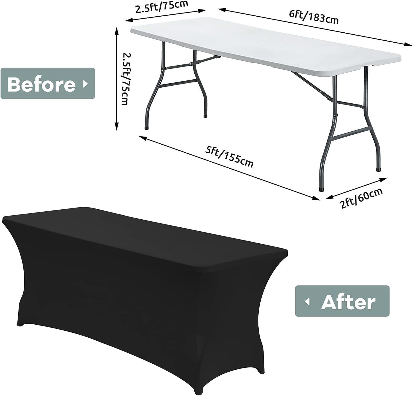 6FT Waterproof Stretch Spandex Table Cover for Rectangular Tables - Elastic Fitted Tablecloth for Folding Tables,Wrinkle Resistant Table Cloth for Parties, Weddings, Banquets & Events (Black)