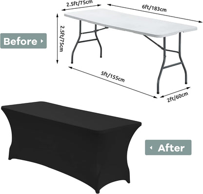 6FT Waterproof Stretch Spandex Table Cover for Rectangular Tables - Elastic Fitted Tablecloth for Folding Tables,Wrinkle Resistant Table Cloth for Parties, Weddings, Banquets & Events (Black)