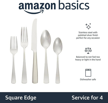20-Piece Stainless Steel Flatware Set with Square Edge, Dishwasher Safe, Simple Design, Service for 4, Silver
