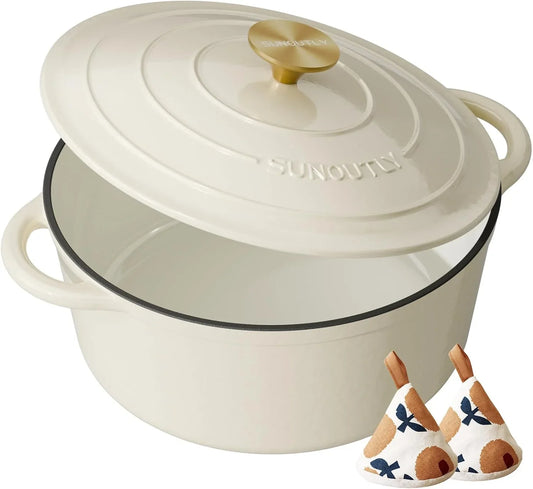 Enameled Cast Iron Dutch Oven - 6QT Pot with Lid & Cotton Potholders - Heavy-Duty Cookware for Braising, Stews, Roasting, Bread Baking, Oven Safe up to 500° F & across All Cooktops, Cream White
