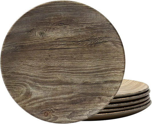 8.5" Melamine Dinner Plates, 6-Piece Plate Set Unbreakable Serving Dishes for Indoor and Outdoor, Service for 6, Grayish-Brown Wood Grain