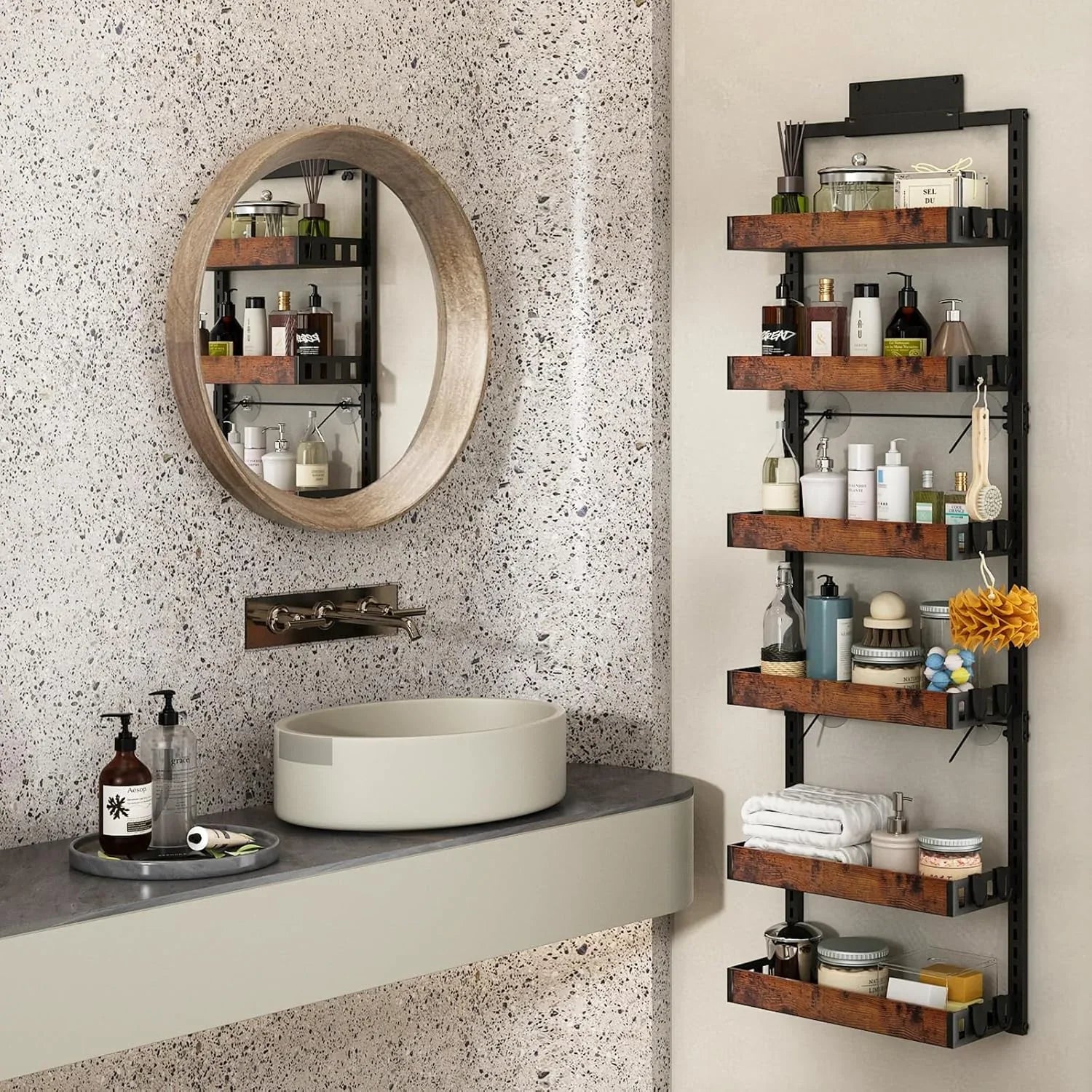over the Door Pantry Organizer, 6-Tier Adjustable Wooden Basket Kitchen Pantry Door Organization and Storage, Heavy-Duty Metal Hanging Kitchen Spice Rack, D6.3 X W17.71 X H50.60 Inch, 1 Pack