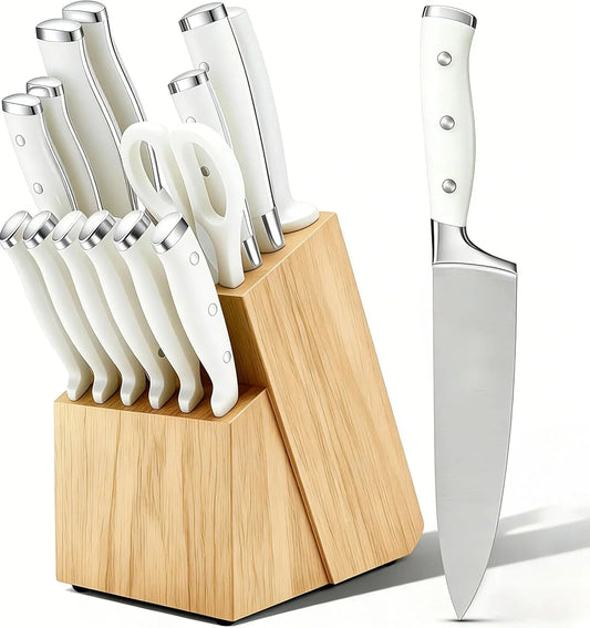 Knife Set, 15 Piece Premium Chef High Carbon Stainless Steel Kitchen Knife Block Set, Razor-Sharp, Ergonomic Forged Triple Rivet Handle, Professional Knife Set for Kitchen, Dishwasher Safe(White)